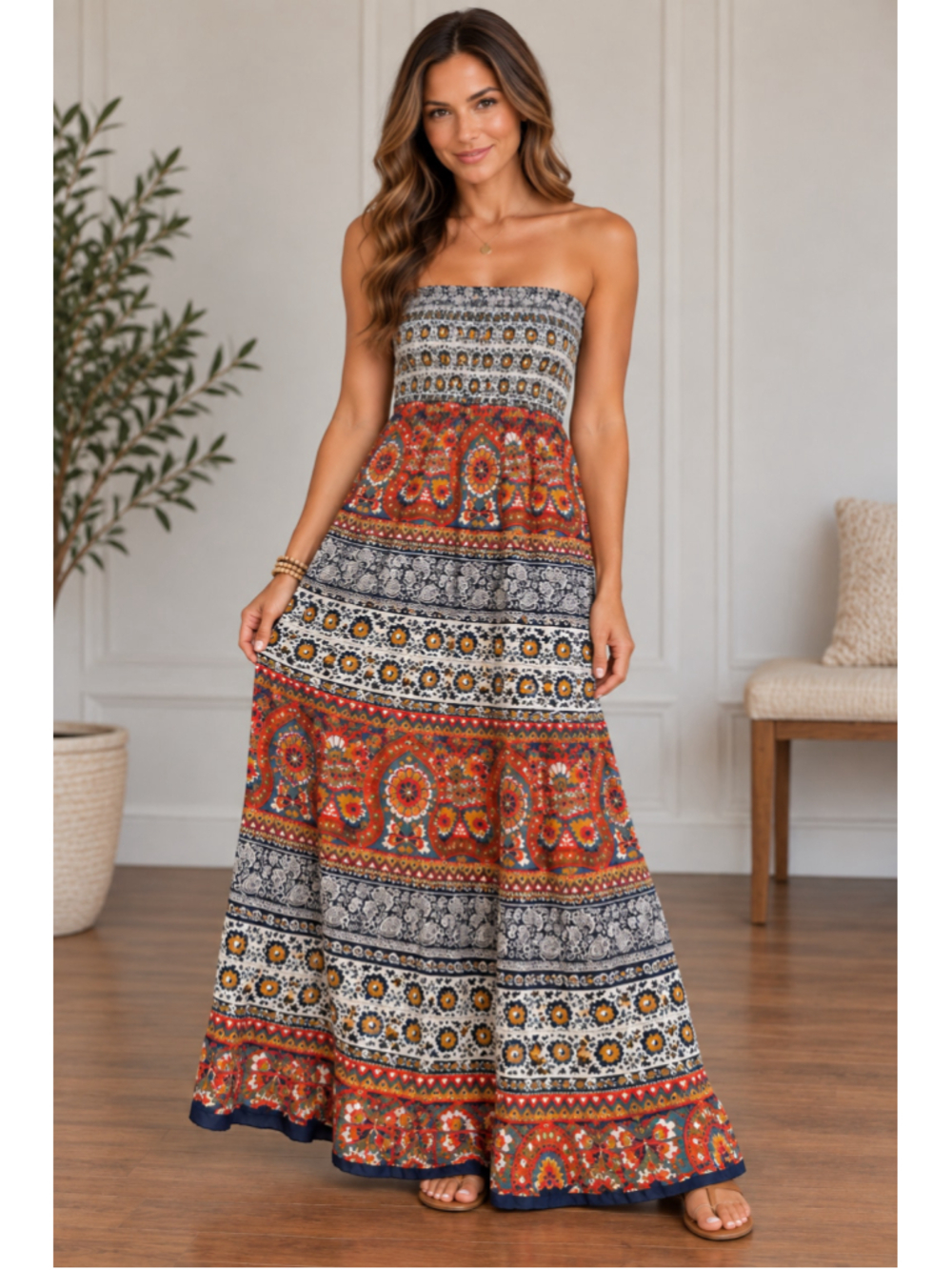 Angie Boho Paisley Floral Strapless Smocked Maxi Dress Size M